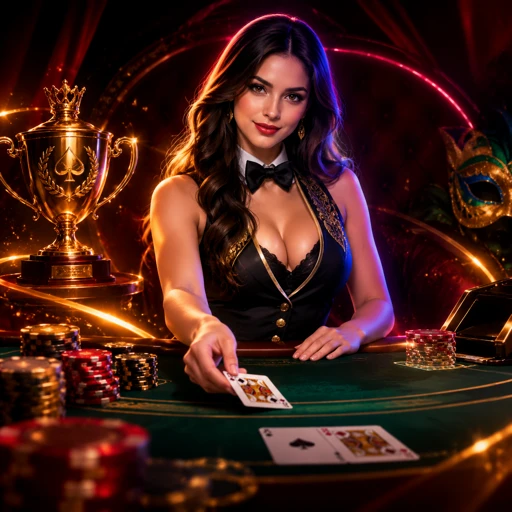 Mesa de blackjack ao vivo com cartas distribuídas e fichas empilhadas